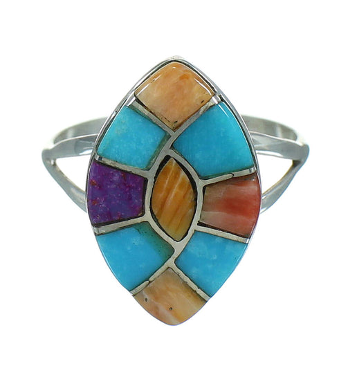 Southwest Multicolor Inlay Genuine Sterling Silver Ring Size 7-1/4 QX71026